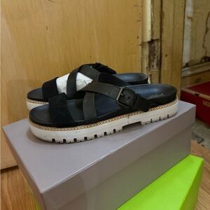 Black Leather Sandals with White Soles